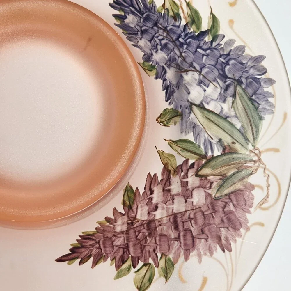 Pink Frosted Glass Bowl Hand Painted Purple Lavender Floral w/Gold Accents VTG